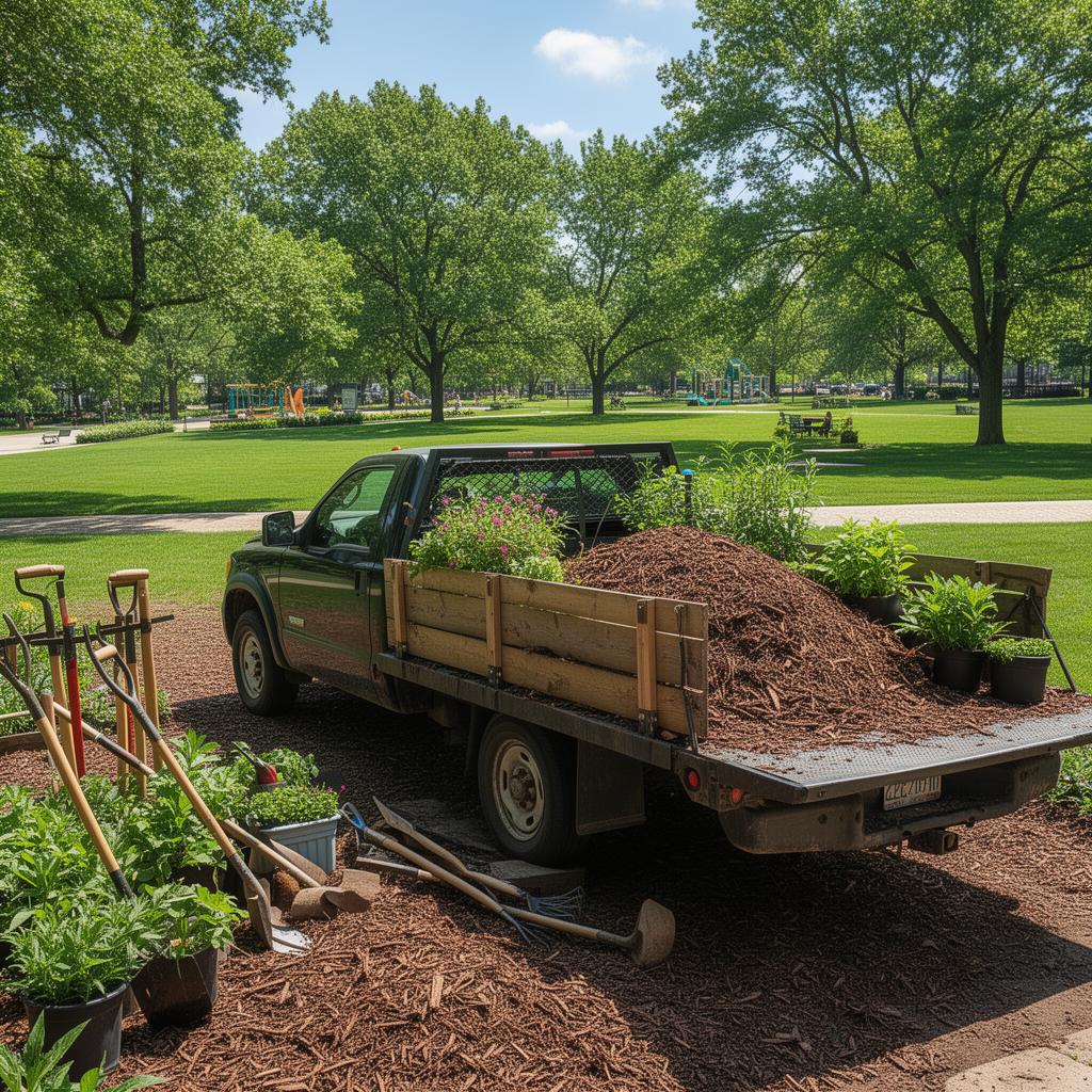 Camion de paysagiste chargé de fournitures